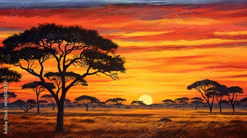  a painting of a sunset with trees in the foreground.  generative ai © Anna