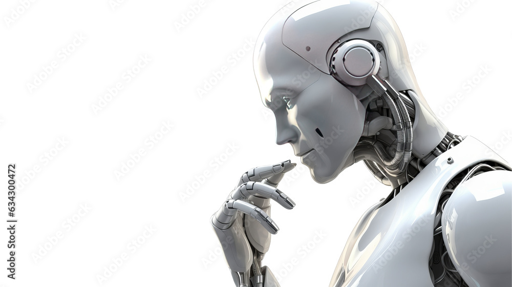 Thinking humanoid side view with white space, 3D render, isolated background. Thinking humanoid side view with white space, 3D render, isolated background.