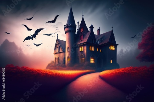 Background for Halloween. Old gothic castle, haunted mansion on spooky night. Generated by AI. © Laura Pashkevich