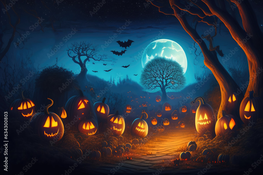 Background for Halloween. Dark mysterious forest with pumpkins on a spooky night. Generated by AI.