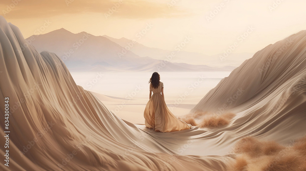 A Woman Standing in a Desert Wearing a Flowing White Gown A Woman Standing in a Desert Wearing a Flowing White Gown