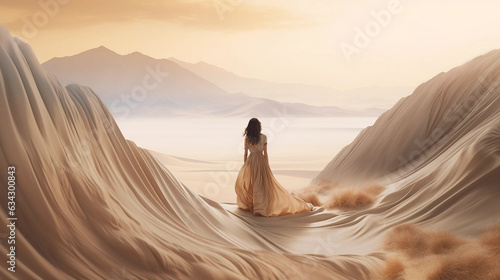 A Woman Standing in a Desert Wearing a Flowing White Gown