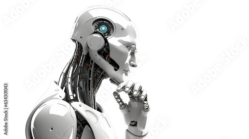 Thinking humanoid side view with white space, 3D render, isolated background.