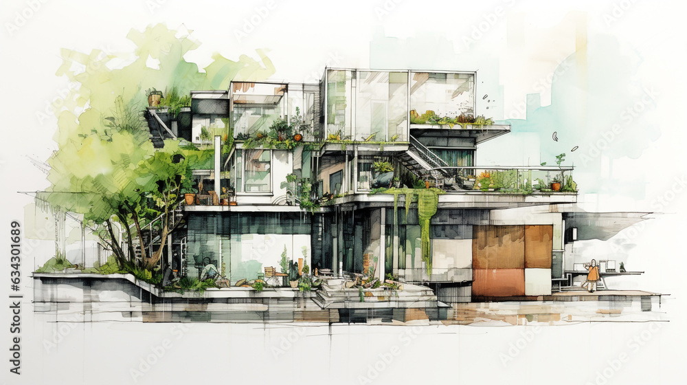 Sustainable urban design featuring eco-friendly elements. Generative AI