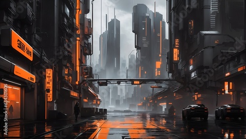 a futuristic cityscape with buildings with cool orange accents in a cyberpunk style made by ai