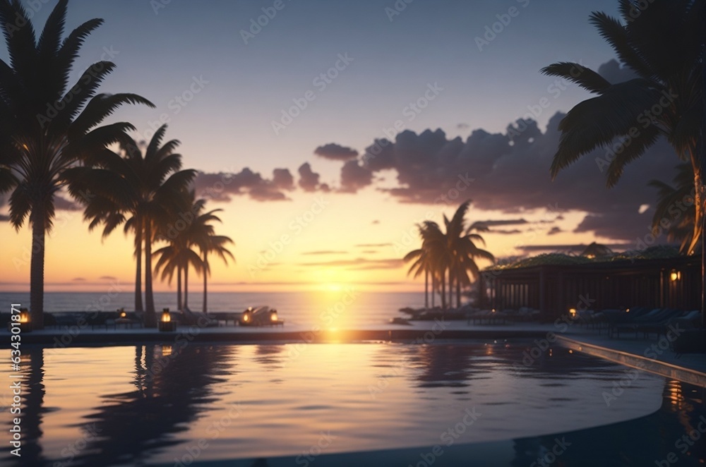 Beach Sunset View From Pool - AI Generated