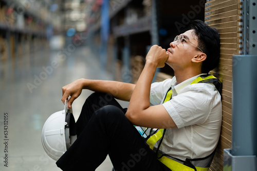 Fotografie An Asian warehouse worker who is tired from work
