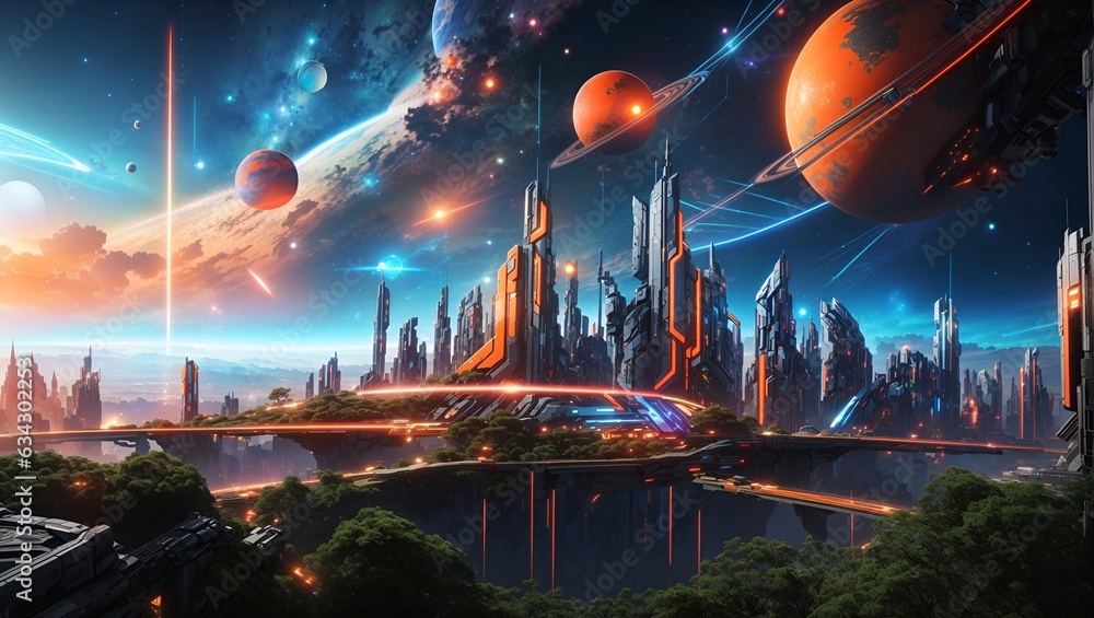 Obraz premium a photo of a future city view in outer space with a beautiful sky with lots of planets made by ai
