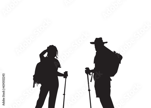 Tourists couple with backpacks vector silhouette illustration eps isolated on white background.