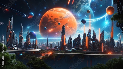 a photo of a future city view in outer space with a beautiful sky with lots of planets made by ai