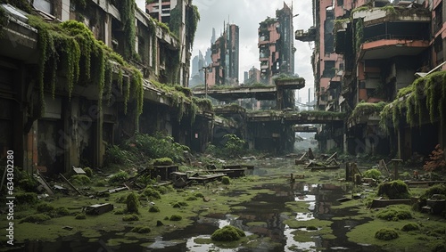 a photo of a view of the ruins of a city that has grown a lot of green plants made by ai