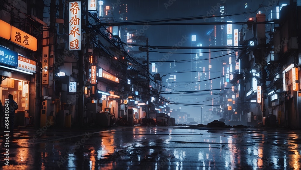 future urban photo on a rainy night in cyberpunk style and made with ai