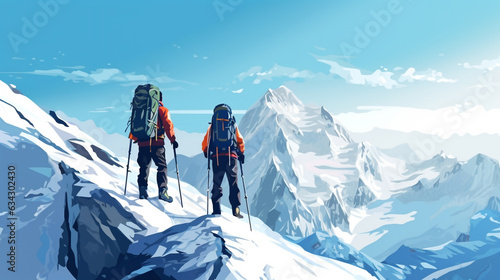 Two climbers climb to the top of a snowy mountain. Professional hiking with generate Ai © GraphyPix