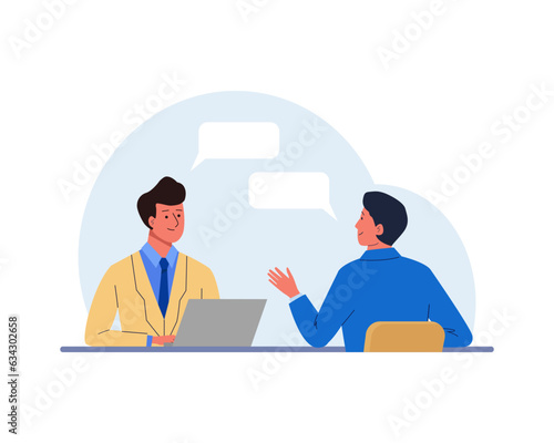 Job interview with the candidate. HR manager with laptop talking to a young man