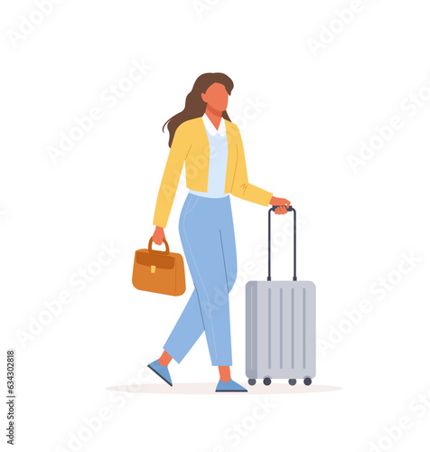 Woman on a business trip with suitcases. Female characters walking with luggage