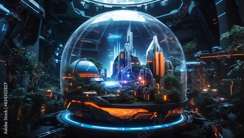 a view of the ancient city with lots of blue and orange lights inside a beautiful glass dome in cyberpunk style made by ai
