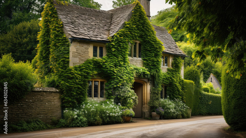 A cozy English cottage with ivy-covered walls