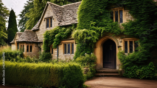 A cozy English cottage with ivy-covered walls