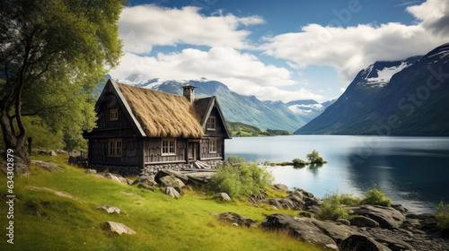 A traditional Scandinavian wooden cabin by a fjord