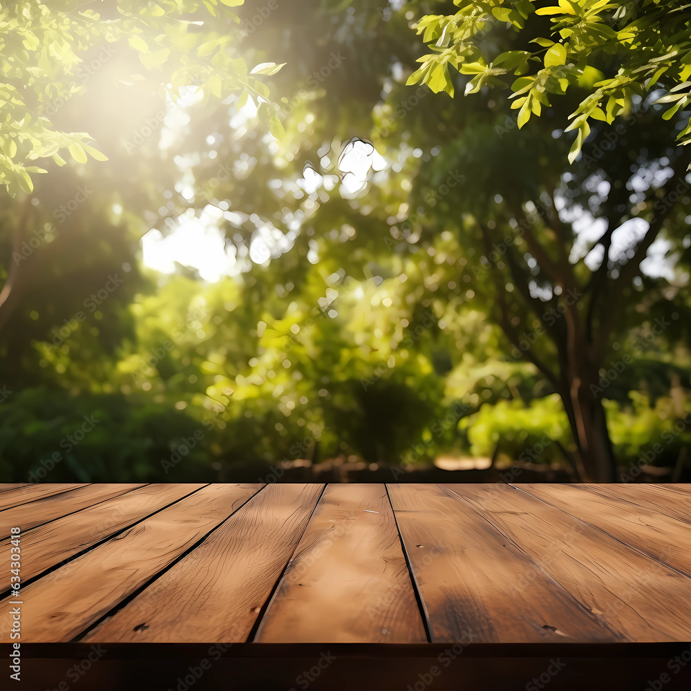 background wooden table and green trees