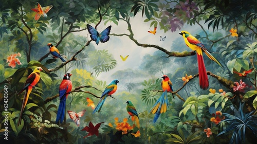  a painting of a group of colorful birds in a forest. generative ai