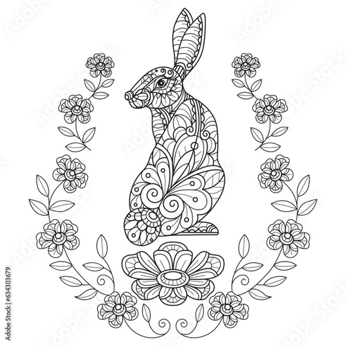 Rabbit in flower garden hand drawn for adult coloring book
