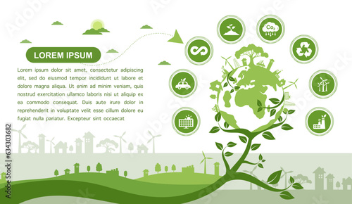 environmental concept Green city on earth and sustainable development concept. clean green web banner vector illustration with eco friendly icons set