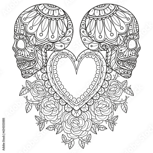 Skull and rose heart hand drawn for adult coloring book