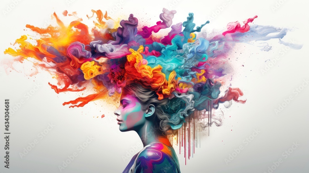 Abstract profile of a human head and consciousness with physical and chemical structures in the head, Person creative mind, Psychic waves concept, Generative AI illustration