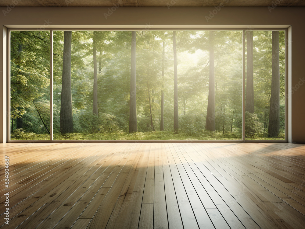 The interior of the house is empty and the wide window at the back reveals the forest. Wooden floors and sunlight enters the room from the wide windows. The interior of the house is empty and the wide window at the back reveals the forest. Wooden floors and sunlight enters the room from the wide windows.