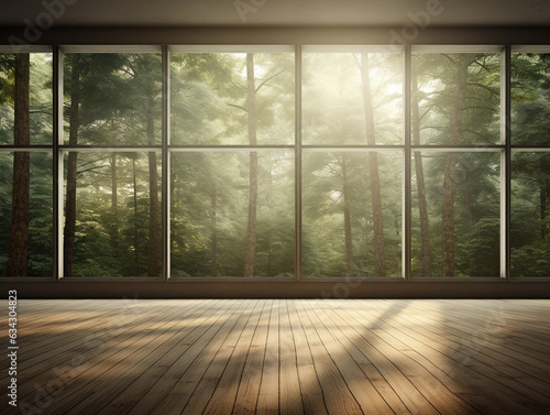 The interior of the house is empty and the wide window at the back reveals the forest. Wooden floors and sunlight enters the room from the wide windows.