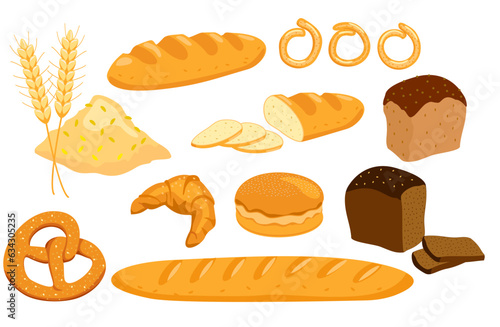 Vector bread icons set. Rye, whole grain and wheat bread. bakery pastry products. For design menu bakery. Vector illustration, isolated on white.