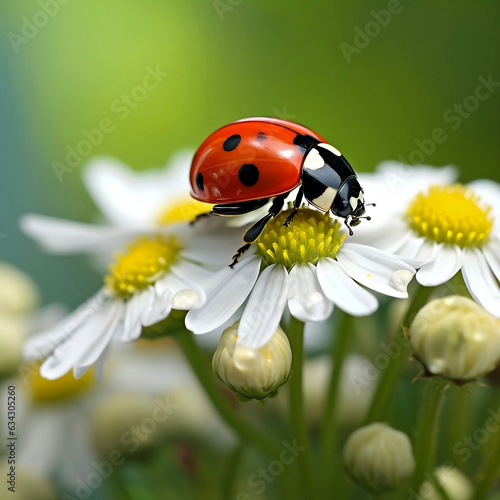 Ladybug close-up on a camomile, macro, blurred background.