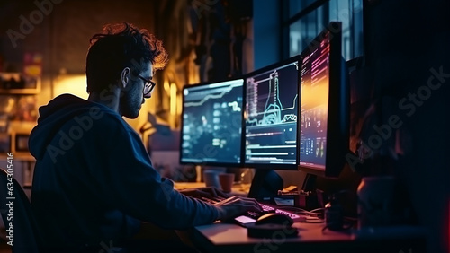 A guy sitting in front of his computer in a dark room. Working, thinking hard, concentrating, keep solving problems. Charts on big monitors, dispalys in front of him. Image created by Generative AI