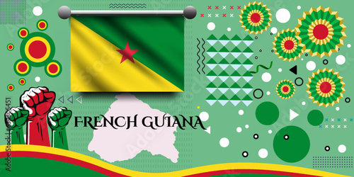 French Guiana banner for national day with abstract modern design. French Guiana flag and map with typography. raised fists and embroidery background. independence day. Vector Illustration.
