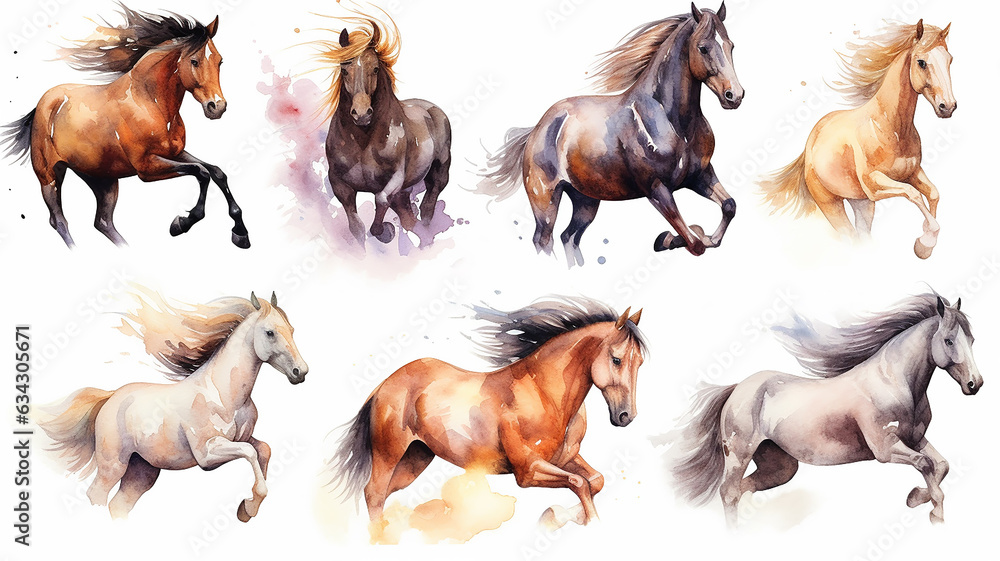 Collection of running horses on a white background watercolor drawing.