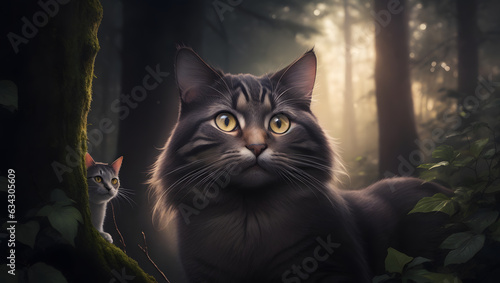 Cat in the forest at night. Conceptual image.
