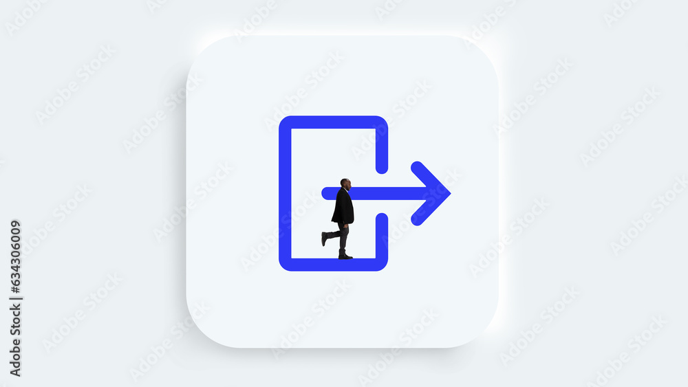 UI actions. Contemporary art collage. Logout, move item button icon for web, computer and mobile app. Young african american businessman go in direction of arrow. UI actions. Contemporary art collage. Logout, move item button icon for web, computer and mobile app. Young african american businessman go in direction of arrow.
