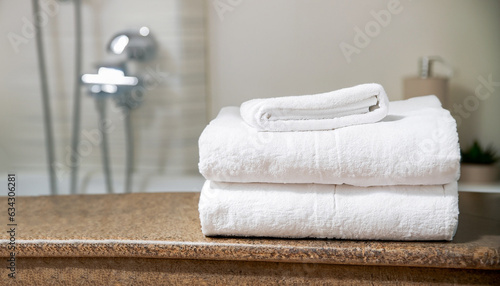 Stack of white towels on table in bathroom