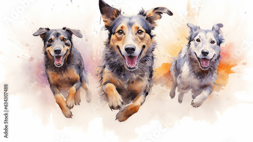 a group of cheerful dogs running on a white watercolor background.