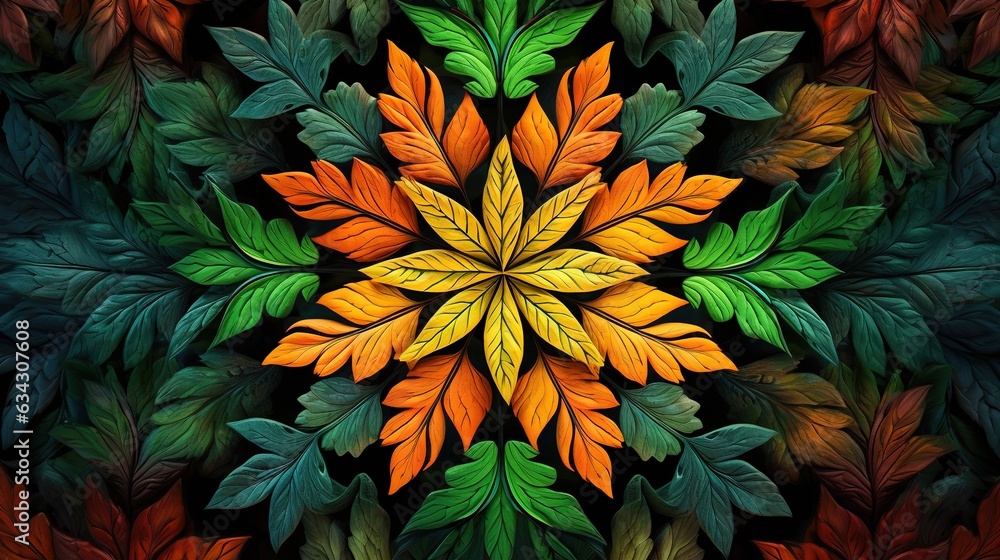 a painting of a colorful flower surrounded by green, orange and red leaves. generative ai a painting of a colorful flower surrounded by green, orange and red leaves. generative ai