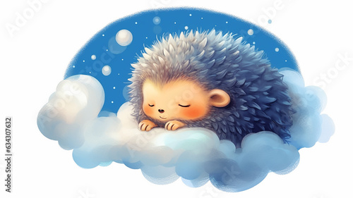 a little hedgehog sleeps on a cloud watercolor.