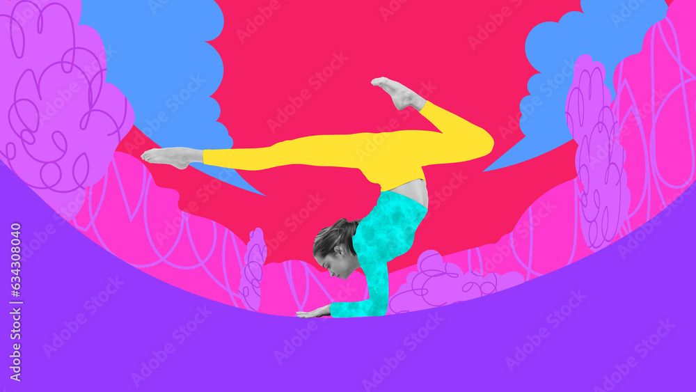 Flexability. Contemporary art collage with flexible beautiful little girl, gymnastics artist doing stretching exercises isolated on colorful painted background. Flexability. Contemporary art collage with flexible beautiful little girl, gymnastics artist doing stretching exercises isolated on colorful painted background.