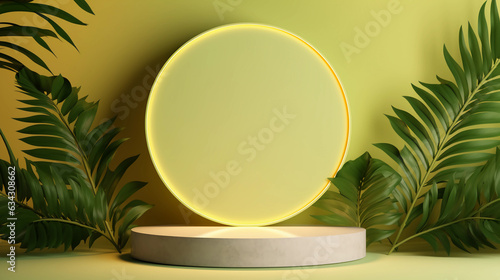 Round pastel podium and palm leaf, Abstract minimal geometric shapes background, Aesthetic summer dais concept and shadows on the wall, 3D Modern design for product showcase display, AI generated.