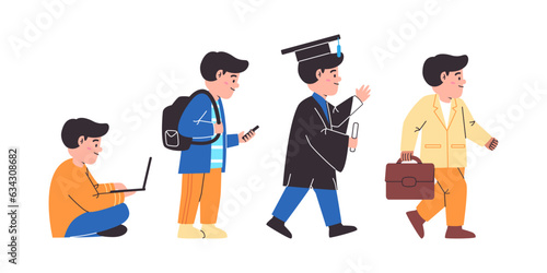 progress life stages man sitting with laptop graduation and worker office success career walk wear suit human evolution