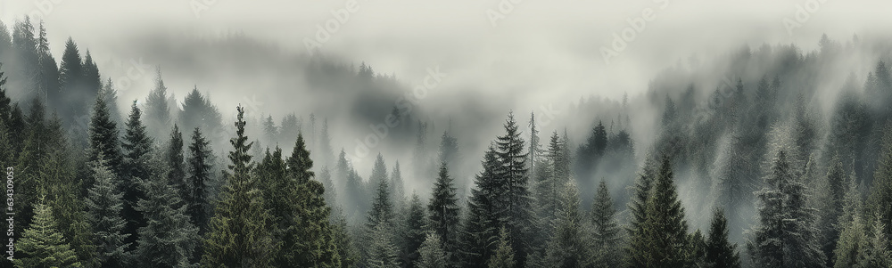 panorama of a coniferous forest in the mist of tree tops. panorama of a coniferous forest in the mist of tree tops.