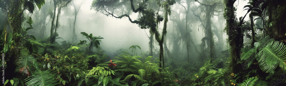 Naklejka premium panorama of the rainforest tree tops in the fog.