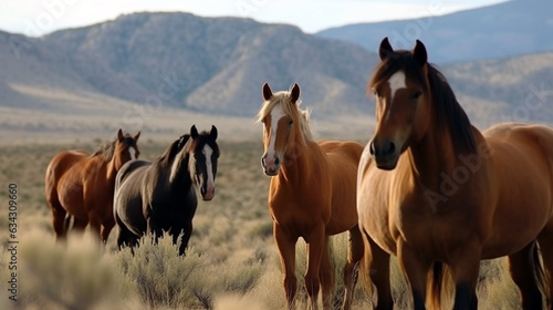 Horse herd run on pasture against beautiful landscape