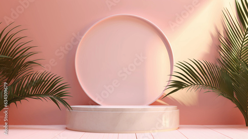 Round pastel podium and palm leaf, Abstract minimal geometric shapes background, Aesthetic summer dais concept and shadows on the wall, 3D Modern design for product showcase display, AI generated. © Sunshinemeee