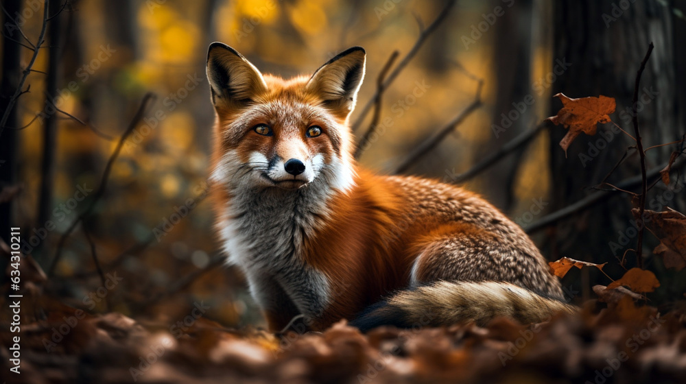Cautious fox stopped at the edge of the forest in autumn leaves